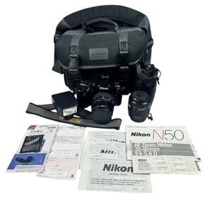 Nikon N50 35mm SLR Film Camera Bundle Nikon Sigma Lenses Filters Flash Bag